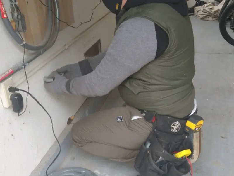Electrician performing outlet wiring in a Hazle garage